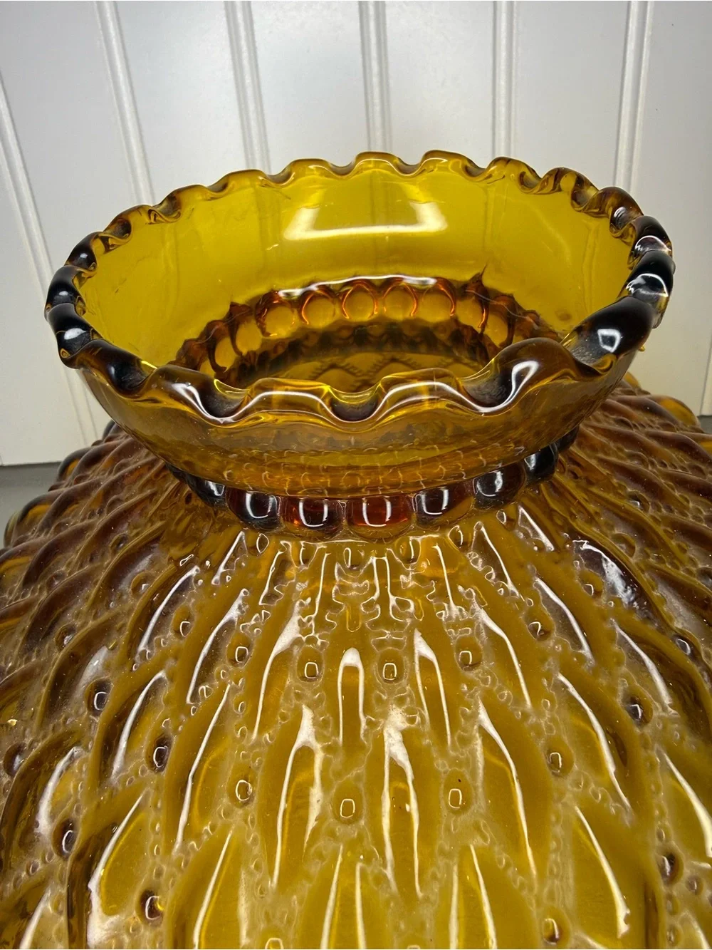VTG Large 10” Fitter Amber Glass Hurricane Lamp Shade Diamond Quilted Ruffle